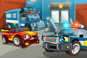 cartoon scene with police car and sports car car at city police station - illustration for children