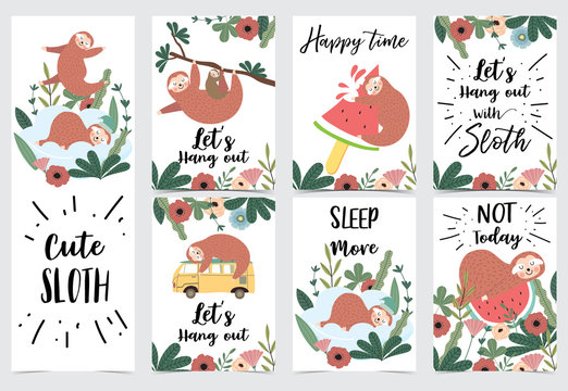 Hand drawn cute card with sloth,van,watermelon,tree,flower and leaf.Let's hang out.Happy time.Not today