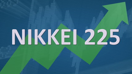 The Japanese stock market index Nikkei 225 is going up. A green zig-zag arrow behind the word Nikkei 225 on a blue background with a chart shows upwards, symbolizing a price rise or growth.
