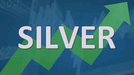 The price of the commodity silver is going up. A green zig-zag arrow behind the word silver on a blue background with a chart shows upwards, symbolizing a price rise or growth of the precious metal.