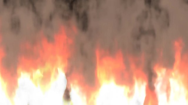 Animated very intense and dense fire or conflagration and bright hot flames as if burning highly flammable fuel or material. Black background, mask included.