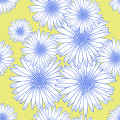 Fototapeta na wymiar Seamless background pattern with chamomile flowers, flat lay