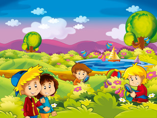 cartoon summer nature background near the lake with kids having fun and picnic - illustration for children