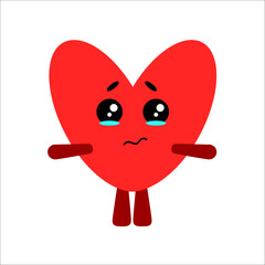 Sad heart. Cute cartoon character. White background. Flat design. Vector illustration