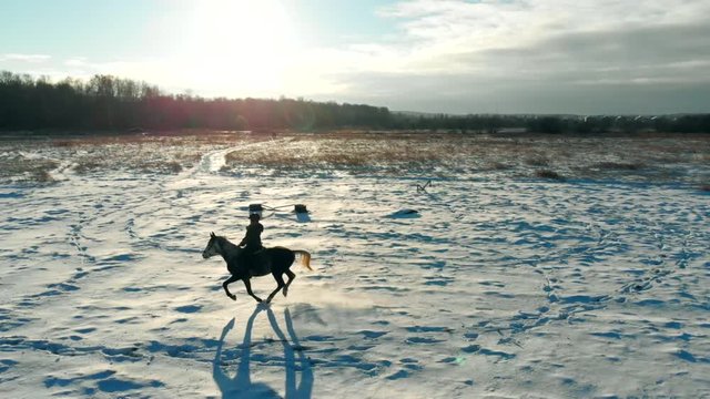 Aerial view of woman riding horse, beautiful winter snow field landscape. 4k footage of horse galloping in winter. Winter sports and recreation concept.