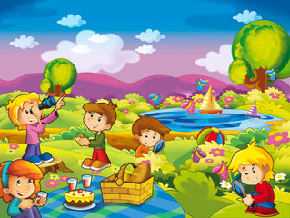 Obraz na płótnie Canvas cartoon summer nature background near the lake with kids having fun and picnic - illustration for children