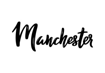 Fototapeta na wymiar Manchester - hand drawn lettering name of United Kingdom city. Handwritten inscription. Vector illustration.