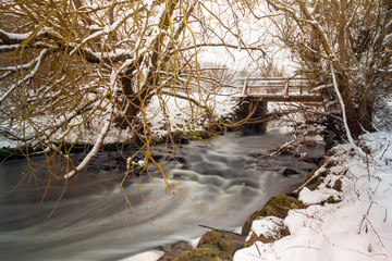Bach im winter umgeben von bäumen unter einer Brücke 2