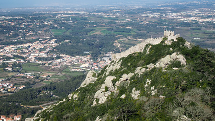 Paranomic aerial view of the Castle of the Moors, Sintra, Lisbon, Portugal
