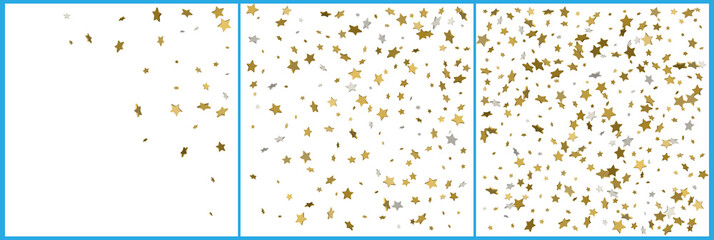 3d gold and silver stars confetti celebrations. Simple festive modern design. Holiday vector. Set 3 in 1