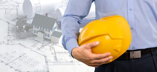 Construction Plans, House Model, Hammer, Protractor And Calipers