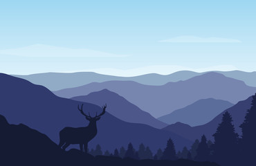 Beautiful mountain and forest landscape on sunny day. Vector Illustration