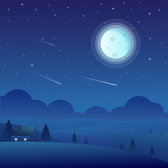 Night time nature landscape with house, full moon and falling stars. Vector illustration