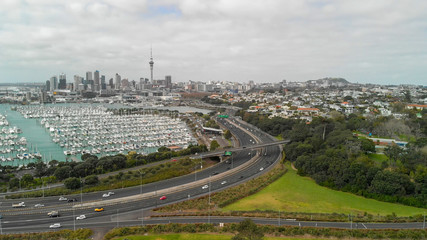 Aerial view of Auckland on a cloudy day, skyline and port, New Zealand