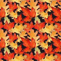 autumn leaves, watercolor, handmade, maple and oak leaves,seamless pattern, black background
