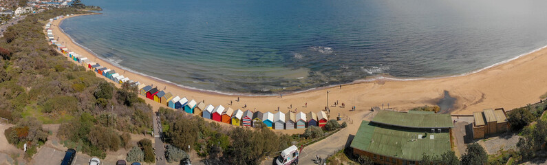 Brighton Beach's Beach Boxes, aerial panoramic view in winter