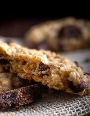 Delicious chocolate chip cookies over a wood table