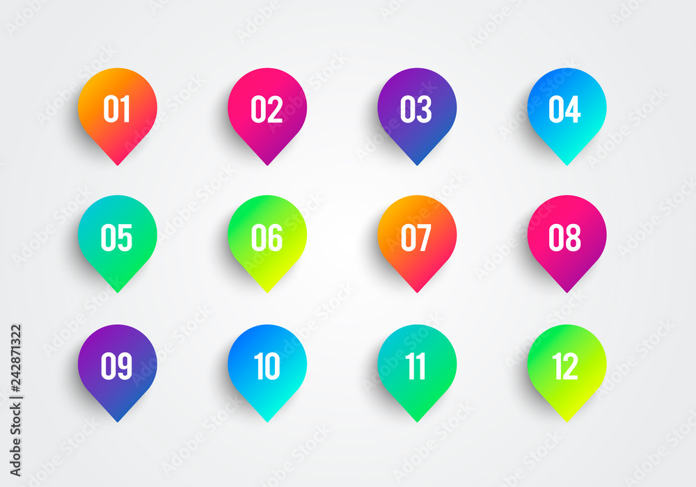 Poster vector arrow bullet point colorful gradient 3d markers with number 1 to 12
