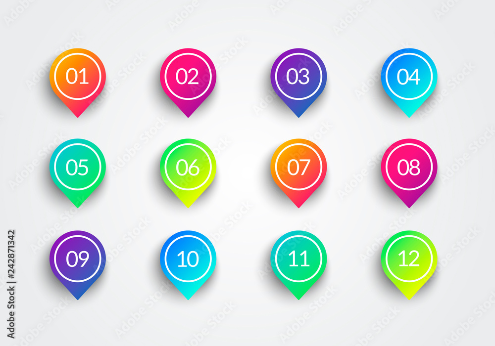 Poster vector arrow bullet point colorful gradient 3d markers with number 1 to 12