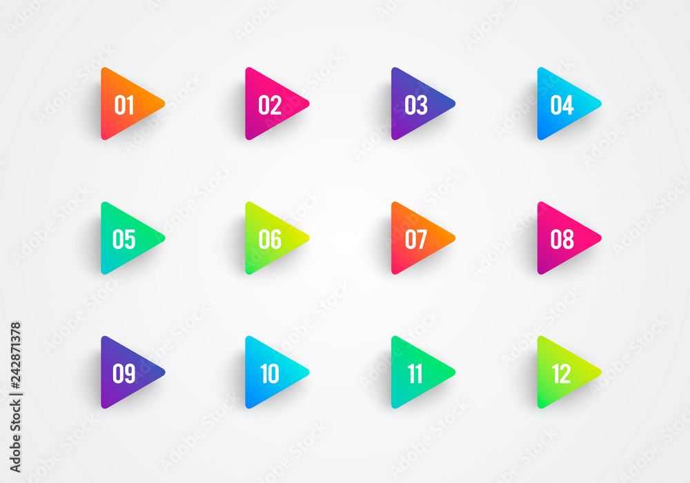 Poster vector arrow bullet point triangle flags colorful gradient 3d markers with number 1 to 12
