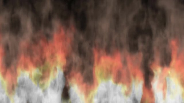 Animated fire or conflagration or flames and dark smoke as if from burning highly flammable fuel or material. Black background, mask included.