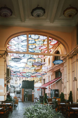 BUCHAREST, ROMANIA - August 28, 2017: Decorative parasol for street architecture in Old Town...