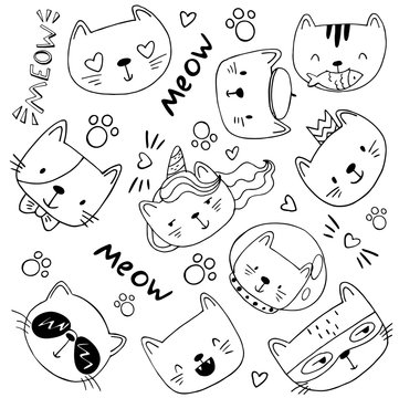 black and white cartoon cats with lettering hand drawn.