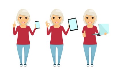 An elderly woman stands with gadgets in her hand. Use phone, tablet, laptop. Retirement age. In flat style on white background. Cartoon.