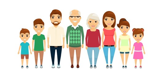 Big happy family. All family members are standing next to each other. In flat style on white background. Cartoon.