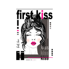 First Kiss.  Slogan vector print with girl 3D lip