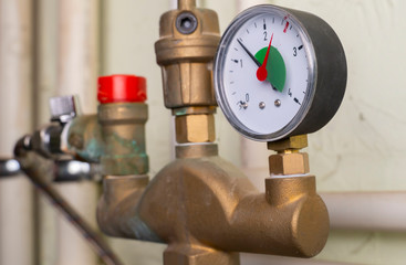 Manometer  shows  pressure in  plumbing in  basement. close-up.