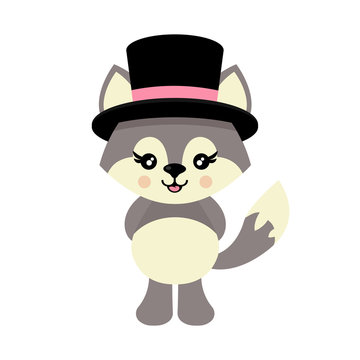 cartoon cute wolf in hat vector