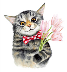 Сute cat with a bouquet of flowers. Hand drawn watercolor - 242878574