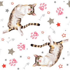 Seamless pattern with nice cats. Hand drawn watercolor - 242878579