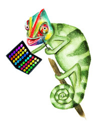Green chameleon does makeup. Hand drawn watercolor - 242878587