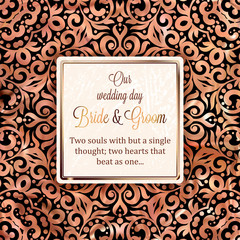 Gold Wedding Invitation card template design with damask pattern on background. Tradition decoration for wedding in baroque style