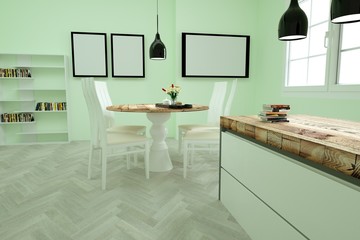  mock up poster frame in green kitchen room, 3D Render