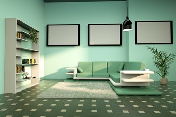  mock up poster frame in green living room, 3D Render