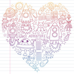 Fototapeta premium Vector set of space elements icons in doodle style. Painted, colorful, gradient on a piece of linear paper on white background.