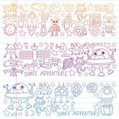 Vector set of space elements icons in doodle style. Painted, colorful, gradient on a piece of linear paper on white background.