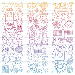 Fototapeta na wymiar Vector set of space elements icons in doodle style. Painted, colorful, gradient on a piece of linear paper on white background.
