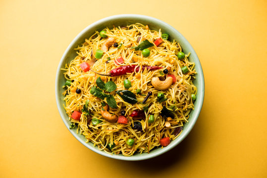 Spicy semiya uppma or upma served in plate. selective focus