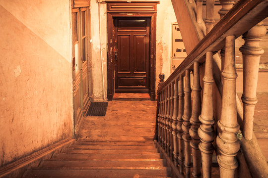 Zyrardow, Poland. Staircase of old block of flat building 