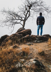 A person standing besides a barren tree on the top of a small hill. Self portrait of a person wwith rustic orange landscape