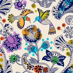 Gordijnen Stylized flowers and birds seamless pattern. Colorful decorative nature wallpaper. Cute floral background. Drawn flowers and plants backdrop. Design for textile, fabric, wrapping paper, cover, carpet © sunny_lion