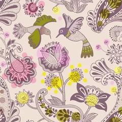 Foto auf Alu-Dibond Stylized flowers and birds seamless pattern. Colorful decorative nature wallpaper. Cute floral background. Drawn flowers and plants backdrop. Design for textile, fabric, wrapping paper, cover, carpet © sunny_lion