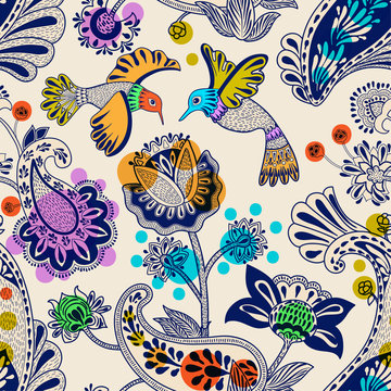 Stylized flowers and birds seamless pattern. Colorful decorative nature wallpaper. Cute floral background. Drawn flowers and plants backdrop. Design for textile, fabric, wrapping paper, cover, carpet