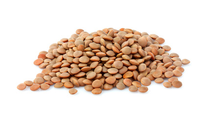 Pile of uncooked lentils isolated.