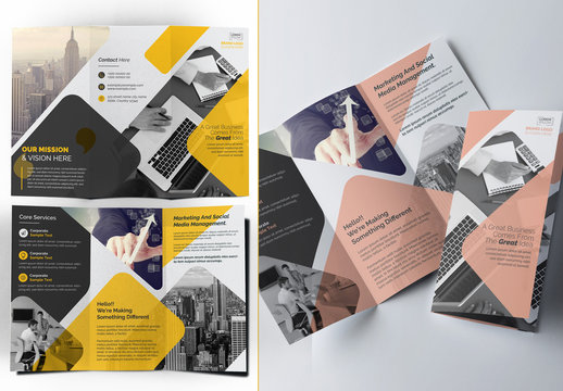 Trifold Brochure Layout with Yellow and Pink Accents