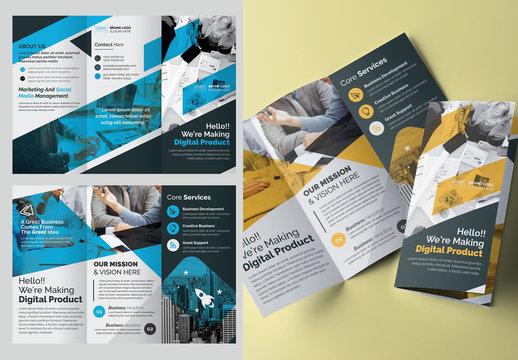 Trifold Brochure Layout with Blue and Yellow Elements
